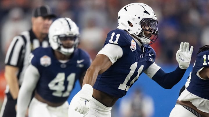 Penn State Nittany Lions defensive end Abdul Carter (11) against the Boise State Broncos in the Fiesta Bowl at State Farm Stadium. Penn State Nittany Lions defensive end Abdul Carter (11) against the Boise State Broncos in the Fiesta Bowl at State Farm Stadium.