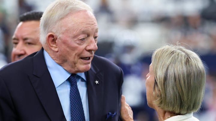 Dallas Cowboys owner Jerry Jones greets Detroit Lions owner Sheila Ford Hamp before the game at AT&T Stadium.