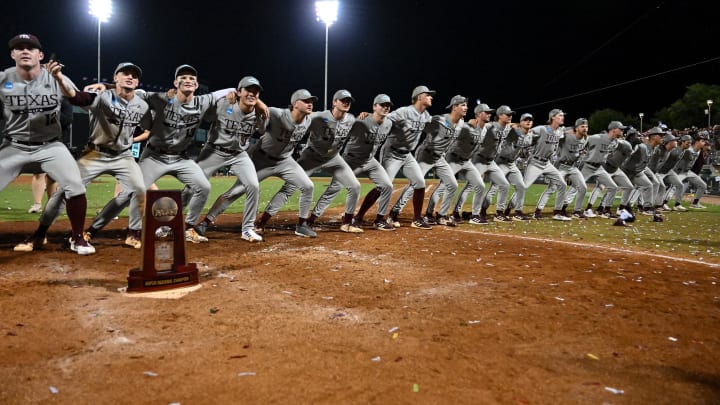 Jun 9, 2024; College Station, TX, USA; Texas A&M celebrates after sweeping Oregon in the Bryan-College Station Super Regional series at Olsen Field, Blue Bell Park. Jun 9, 2024; College Station, TX, USA; Texas A&M celebrates after sweeping Oregon in the Bryan-College Station Super Regional series at Olsen Field, Blue Bell Park.