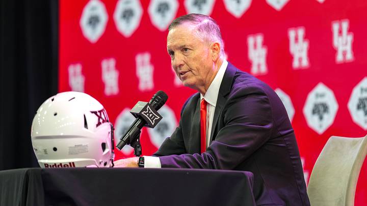 Jul 7, 2026; Frisco, TX, USA; Houston head coach Willie Fritz speaks to reporters during Big 12 Conference Football Media Days at The Star. Mandatory Credit: Raymond Carlin III-Imagn Images Jul 7, 2026; Frisco, TX, USA; Houston head coach Willie Fritz speaks to reporters during Big 12 Conference Football Media Days at The Star. Mandatory Credit: Raymond Carlin III-Imagn Images