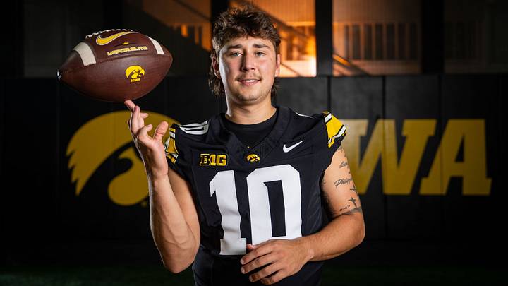 Iowa quarterback Jeremy Hecklinski (10) stands for a portrait during Hawkeye football media day, Friday, Aug. 14, 2026, in Iowa City.