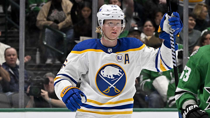 Apr 9, 2024; Dallas, Texas, USA; Buffalo Sabres defenseman Rasmus Dahlin (26) celebrates after