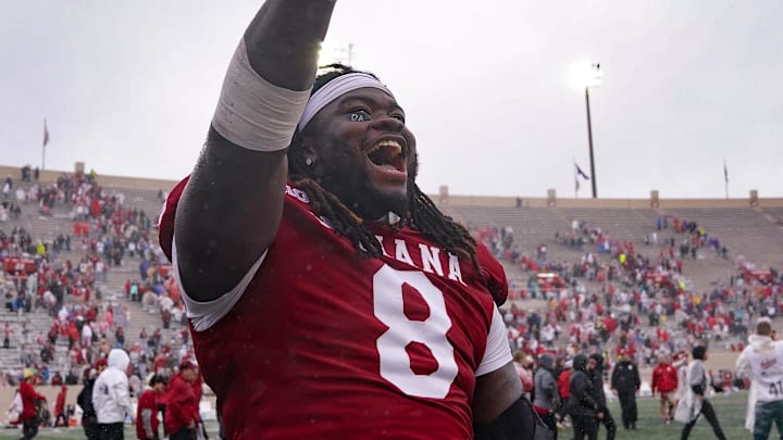 Sep 28, 2024; Bloomington, Indiana, USA;  Indiana Hoosiers defensive lineman CJ West (8) celebrates after a game against the Maryland Terrapins at Memorial Stadium. Mandatory Credit: Robert Goddin-Imagn Images