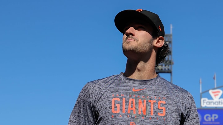 Jul 26, 2023; San Francisco, California, USA; San Francisco Giants 2023 first-round pick Bryce Eldridge before the game against the Oakland Athletics at Oracle Park. Mandatory Credit: Sergio Estrada-Imagn Images
