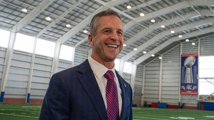 New Giants Head Coach John Harbaugh speaks with members of the media during a press conference welcoming Harbaugh at the Quest Diagnostics Training Center in East Rutherford on Tuesday, Jan. 20, 2025.