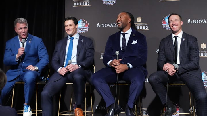 Feb 5, 2026; San Franciso, CA, USA; From left: Adam Vinatieri, Luke Kuechly, Larry Fitzgerald and Drew Brees during a press conference introducing the NFL Hall of Fame Class of 2026 at Palace of Fine Arts. Mandatory Credit: Kirby Lee-Imagn Images