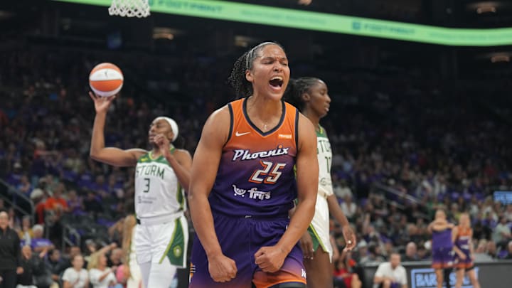 May 17, 2025; Phoenix, Arizona, USA; Phoenix Mercury forward Alyssa Thomas (25) reacts after making a basket against the Seattle Storm during the second half at Footprint Center. Mandatory Credit: Joe Camporeale-Imagn Images