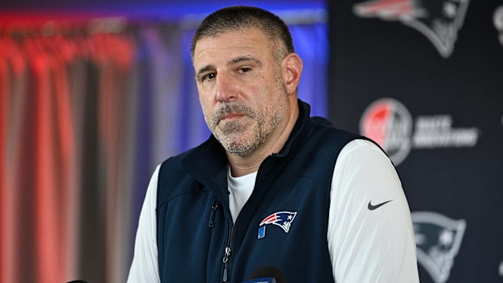 Mar 13, 2025; Foxborough, MA, USA; New England Patriots head coach Mike Vrabel discusses the teamís recent free agent additions with the media at Gillette Stadium. Mandatory Credit: Eric Canha-Imagn Images