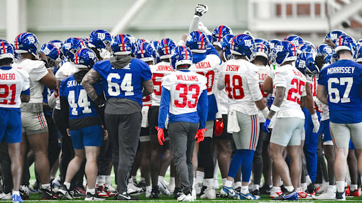 Jun 18, 2025; East Rutherford, NJ, USA; New York Giants huddle during minicamp at Quest Diagnostics Training Center. Jun 18, 2025; East Rutherford, NJ, USA; New York Giants huddle during minicamp at Quest Diagnostics Training Center.