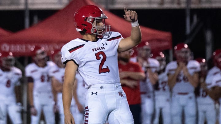 Brentwood Academy's London Bironas (2) watches his field goal split the uprights against Brentwood at James C. Parker Stadium Friday night, Aug. 25, 2023. Brentwood Academy's London Bironas (2) watches his field goal split the uprights against Brentwood at James C. Parker Stadium Friday night, Aug. 25, 2023.