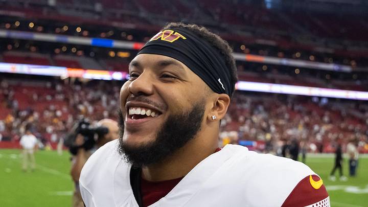 Sep 29, 2024; Glendale, Arizona, USA; Washington Commanders running back Chris Rodriguez Jr. (23) against the Arizona Cardinals at State Farm Stadium. 