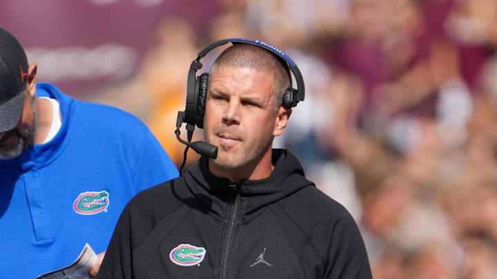 Nov 5, 2022; College Station, Texas, USA;  Florida Gators head coach Billy Napier looks on in the first half against the Texas A&M Aggies at Kyle Field. Mandatory Credit: Daniel Dunn-Imagn Images