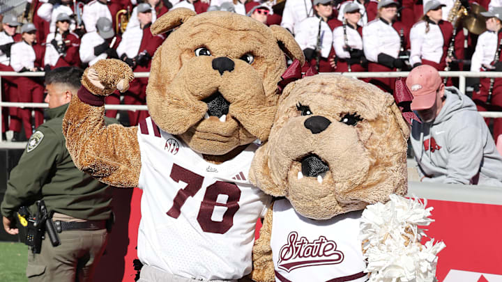 Mississippi State Bulldogs mascots during the second quarter against the Arkansas Razorbacks at Donald W. Reynolds Razorback Stadium.