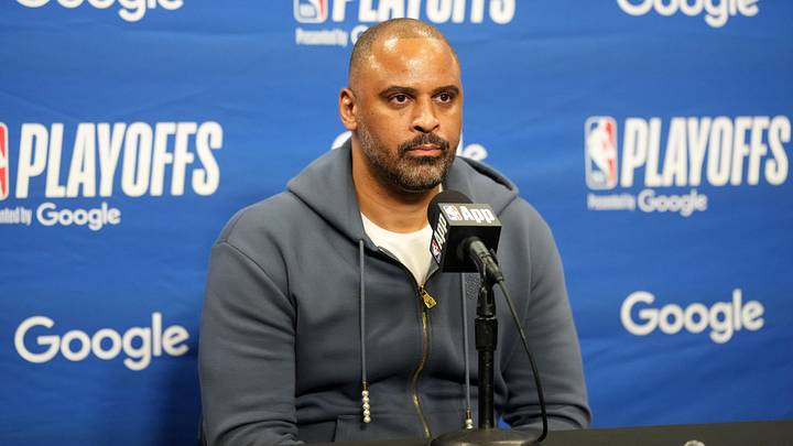 Apr 18, 2026; Los Angeles, California, USA; Houston Rockets head coach Ime Udoka at press conference during game one of the first round of the 2026 NBA Playoffs against the Los Angeles Lakers at Crypto.com Arena. Mandatory Credit: Kirby Lee-Imagn Images