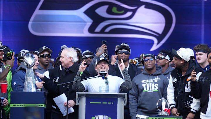Seattle Seahawks general manager John Schneider speaks during the Super Bowl LX trophy celebration.