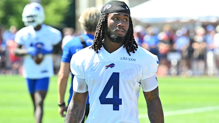 Buffalo Bills running back James Cook on the field during training camp at St. John Fisher University.