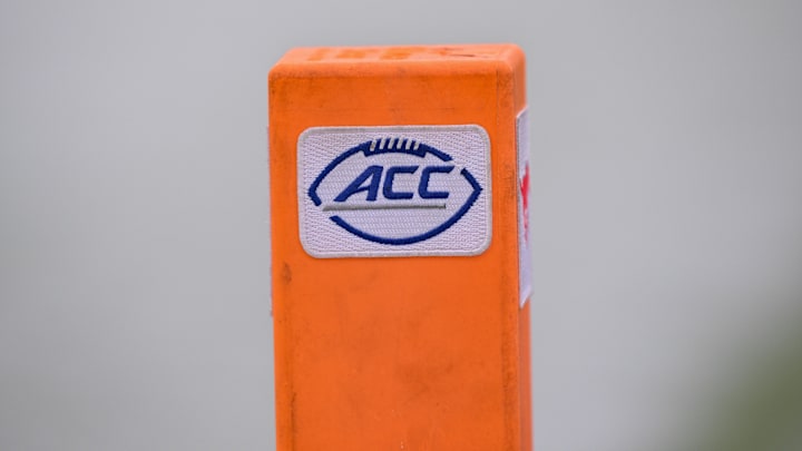 Sep 6, 2025; Dallas, Texas, USA; A view of the ACC logo on an end zone pylon during the game between the SMU Mustangs and the Baylor Bears at Gerald J. Ford Stadium. Mandatory Credit: Jerome Miron-Imagn Images