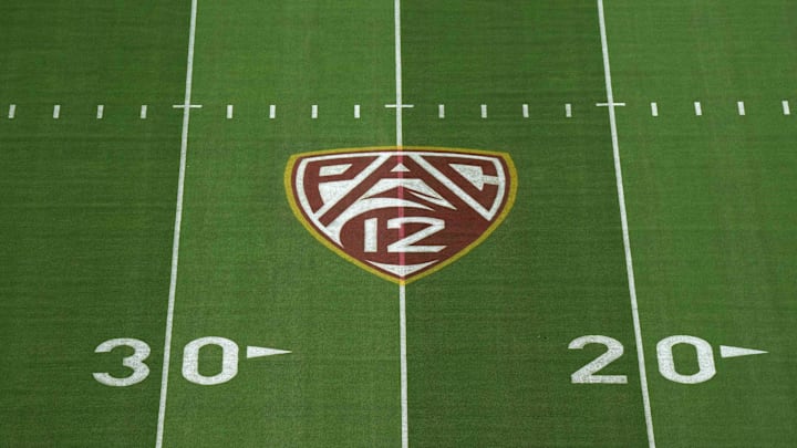 The Pac-12 Conference logo at United Airlines Field at Los Angeles Memorial Coliseum before a game between the Fresno State Bulldogs and the Southern California Trojans. 