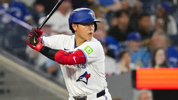 Jun 10, 2026; Toronto, Ontario, CAN;  Toronto Blue Jays third baseman Kazuma Okamoto (7)  at bat against the Philadelphia Phillies during the ninth inning at Rogers Centre. 