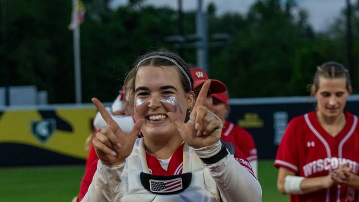 Former Verona star Hilary Blomberg celebrates following the seventh-seeded University of Wisconsin softball team's 11-9 victory over second-seeded and No. 11-ranked Oregon in the quarterfinals of the Big Ten Conference Tournament on Thursday. 