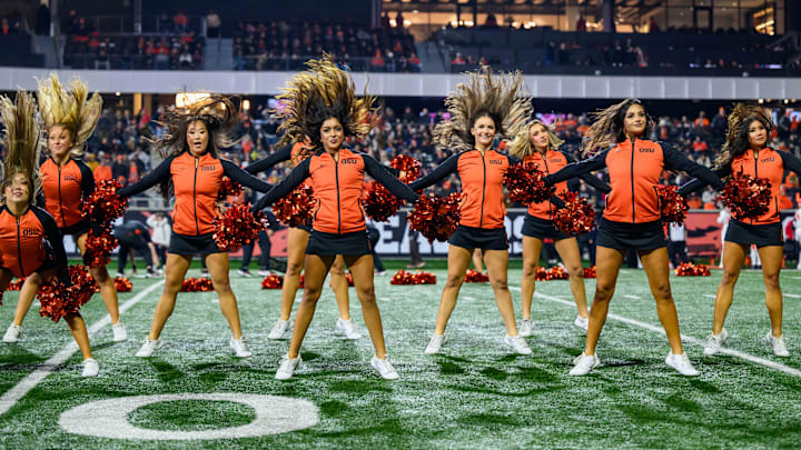 Nov 8, 2025; Corvallis, Oregon, USA; Oregon State Beavers cheerleaders perform during the second half against the Sam Houston Bearkats at Reser Stadium. Mandatory Credit: Craig Strobeck-Imagn Images Nov 8, 2025; Corvallis, Oregon, USA; Oregon State Beavers cheerleaders perform during the second half against the Sam Houston Bearkats at Reser Stadium. Mandatory Credit: Craig Strobeck-Imagn Images