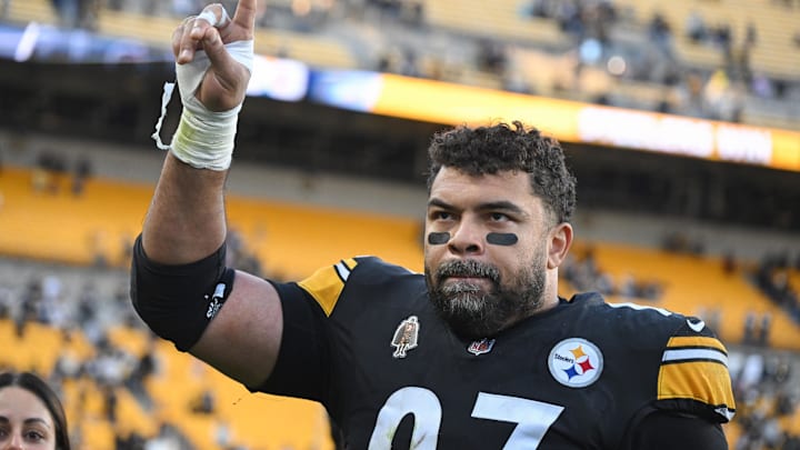 Dec 8, 2024; Pittsburgh, Pennsylvania, USA; Pittsburgh Steelers defensive tackle Cameron Heyward (97) celebrates with fans following a game against the Cleveland Browns at Acrisure Stadium. Mandatory Credit: Barry Reeger-Imagn Images Dec 8, 2024; Pittsburgh, Pennsylvania, USA; Pittsburgh Steelers defensive tackle Cameron Heyward (97) celebrates with fans following a game against the Cleveland Browns at Acrisure Stadium. Mandatory Credit: Barry Reeger-Imagn Images