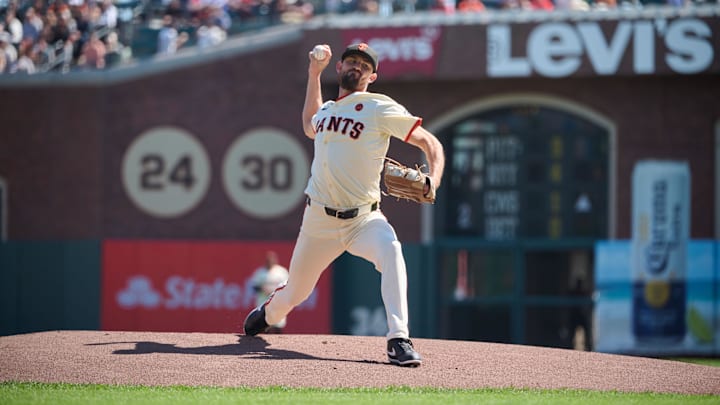 Sep 28, 2024; San Francisco, California, USA; San Francisco Giants starting pitcher Tristan Beck (43) throws a pitch against the St. Louis Cardinals during the first inning at Oracle Park.