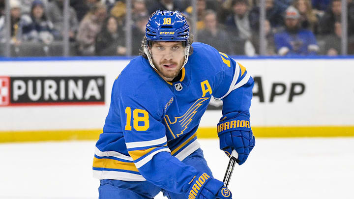 Jan 3, 2026; St. Louis, Missouri, USA; St. Louis Blues center Robert Thomas (18) controls the puck against the Montreal Canadiens during the second period at Enterprise Center. Mandatory Credit: Jeff Curry-Imagn Images Jan 3, 2026; St. Louis, Missouri, USA; St. Louis Blues center Robert Thomas (18) controls the puck against the Montreal Canadiens during the second period at Enterprise Center. Mandatory Credit: Jeff Curry-Imagn Images
