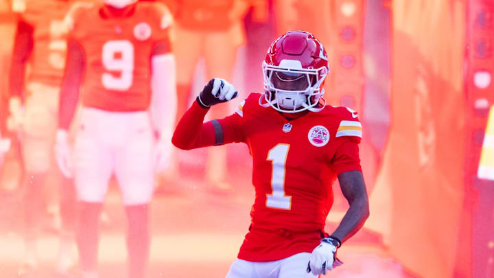 Jan 26, 2025; Kansas City, MO, USA; Kansas City Chiefs wide receiver Xavier Worthy (1) reacts as he enters the field prior to the game against the Buffalo Bills in the AFC Championship game at GEHA Field at Arrowhead Stadium. Mandatory Credit: Mark J. Rebilas-Imagn Images