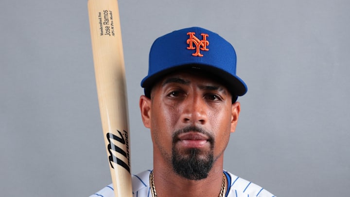 Feb 19, 2026; Port St. Lucie, FL, USA; New York Mets outfielder Jose Ramos (86) poses for a photo during media day at Clover Park. Mandatory Credit: Sam Navarro-Imagn Images