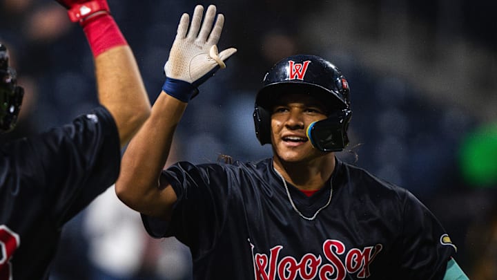 WooSox player Jhostynxon Garcia celebrates his first Triple-A home run during a game on May 20, 2025 at Polar Park.