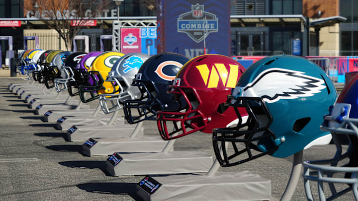Feb 28, 2024; Indianapolis, IN, USA; A general view of large Philadelphia Eagles, Washington Commanders and Chicago Bears helmets at the NFL Scouting Combine Experience at Lucas Oil Stadium. Mandatory Credit: Kirby Lee-Imagn Images