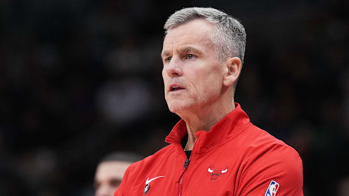 Dec 16, 2024; Toronto, Ontario, CAN; Chicago Bulls head coach Billy Donovan watches the play against the Toronto Raptors during the third quarter at Scotiabank Arena. Mandatory Credit: Nick Turchiaro-Imagn Images