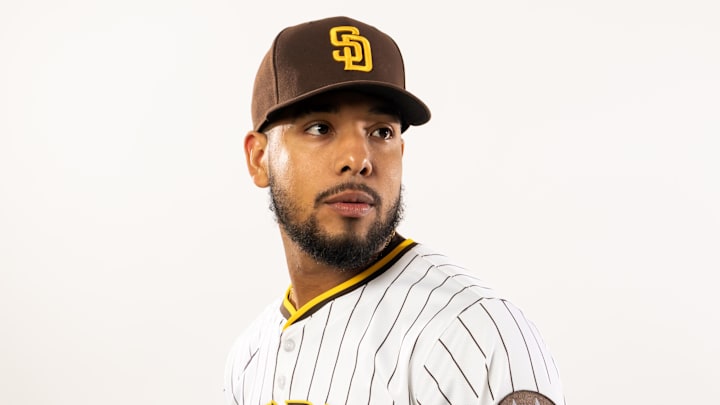San Diego Padres pitcher Luis Patiño poses for a portrait during Media Day at Peoria Sports Complex on Feb. 19.