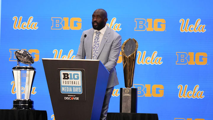 Jul 24, 2025; Las Vegas, NV, USA; UCLA head coach DeShaun Foster speaks to the media during the Big Ten NCAA college football media days at Mandalay Bay Resort. Mandatory Credit: Lucas Peltier-Imagn Images