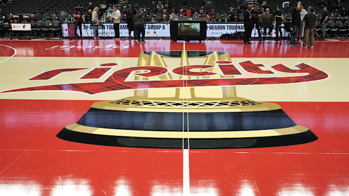 Nov 3, 2023; Portland, Oregon, USA; The Portland Trail Blazers logo at center court before the game against the Memphis Grizzlies at Moda Center. Mandatory Credit: Soobum Im-Imagn Images Nov 3, 2023; Portland, Oregon, USA; The Portland Trail Blazers logo at center court before the game against the Memphis Grizzlies at Moda Center. Mandatory Credit: Soobum Im-Imagn Images