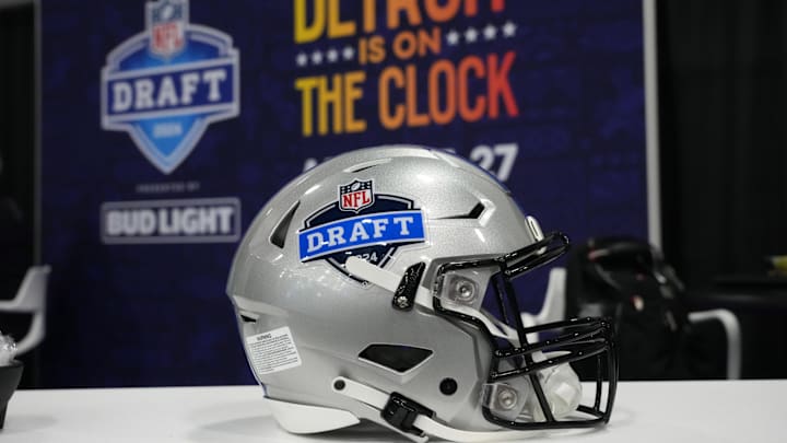 Feb 5, 2024; Las Vegas, NV, USA; A helmet with the 2024 NFL Draft in Detroit logo  at the Super Bowl