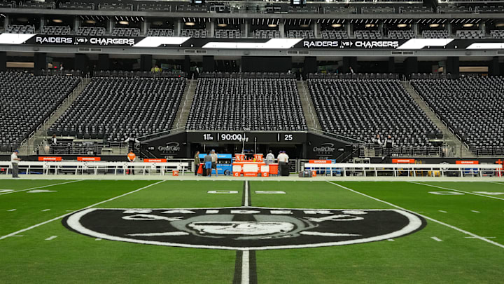 Dec 4, 2022; Paradise, Nevada, USA; The Las Vegas Raiders shield logo at midfield at Allegiant