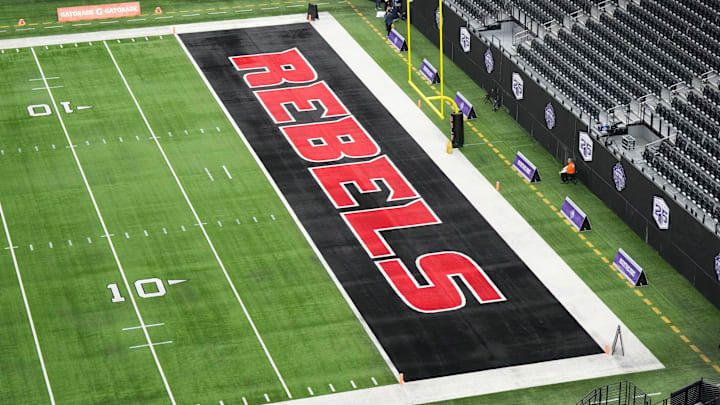 Dec 2, 2023; Las Vegas, NV, USA; The UNLV Rebels logo in the end zone is seen before the Mountain West Championship between the Boise State Broncos and the UNLV Rebels at Allegiant Stadium. Mandatory Credit: Kirby Lee-Imagn Images