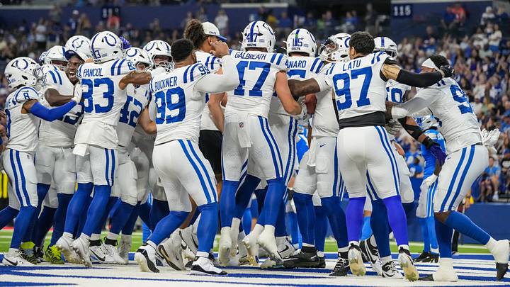 Indianapolis Colts celebrate a touchdown Saturday, Aug. 29, 2026, during the game against the Detroit Lions at Lucas Oil Stadium in Indianapolis. The Detroit Lions defeated the Indianapolis Colts, 25-16. Indianapolis Colts celebrate a touchdown Saturday, Aug. 29, 2026, during the game against the Detroit Lions at Lucas Oil Stadium in Indianapolis. The Detroit Lions defeated the Indianapolis Colts, 25-16.