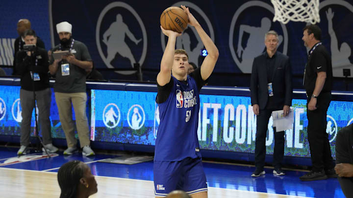 May 13, 2025; Chicago, Il, USA; Cooper Flagg (51) participates in the 2025 NBA Draft Combine at Wintrust Arena. Mandatory Credit: David Banks-Imagn Images