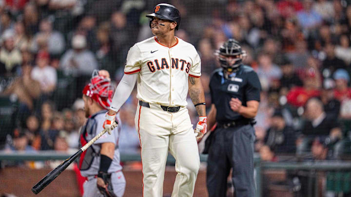 Sep 24, 2025; San Francisco, California, USA; San Francisco Giants designated hitter Rafael Devers (16) reacts after striking out against the St. Louis Cardinals during the seventh inning at Oracle Park. Mandatory Credit: Neville E. Guard-Imagn Images