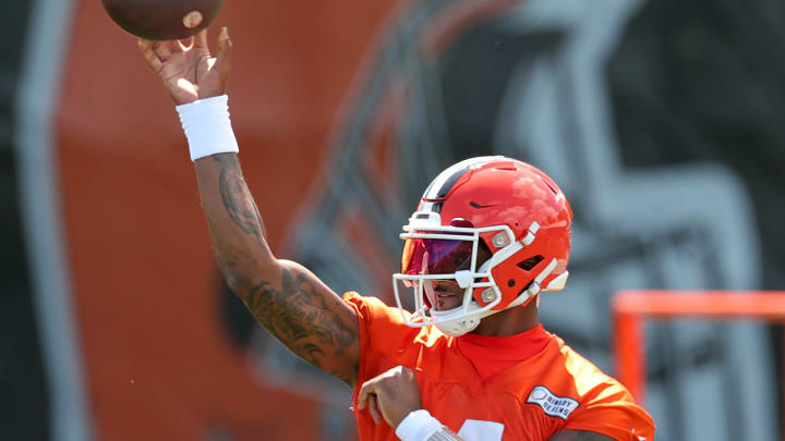 Browns quarterback Deshaun Watson participates in drills during minicamp, Tuesday, June 11, 2024, in Berea.