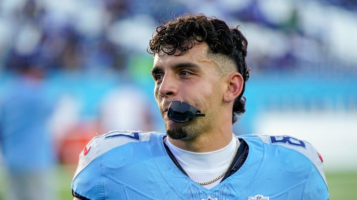 Tennessee Titans wide receiver Xavier Restrepo (87) exits the field after the game against the Seattle Seahawks at Nissan Stadium in Nashville, Tenn., Sunday, Nov. 23, 2025.