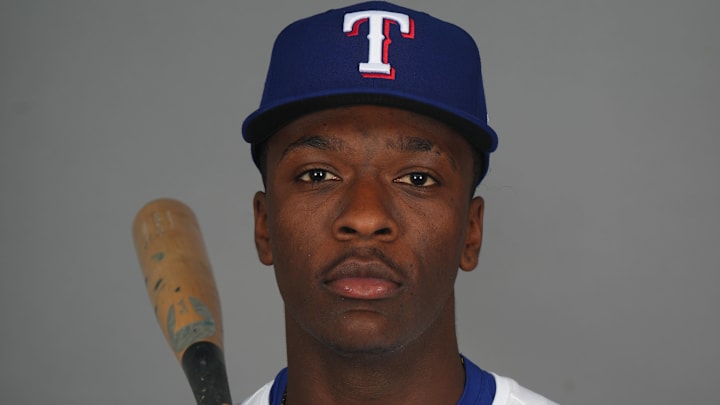 Feb 19, 2025; Surprise, AZ, USA; Texas Rangers player Sebastian Walcott poses for a photo during Media Day at Surprise Stadium. 