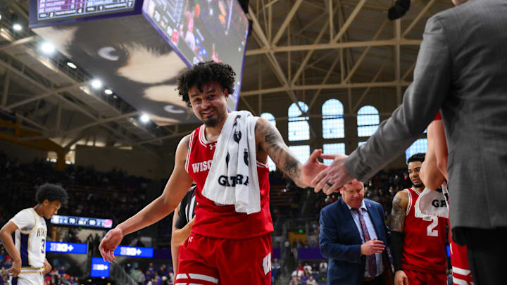 Feb 28, 2026; Seattle, Washington, USA; Wisconsin Badgers guard Braeden Carrington (0) leaves the game during the second half against the Washington Huskies at Alaska Airlines Arena at Hec Edmundson Pavilion. Mandatory Credit: Steven Bisig-Imagn Images