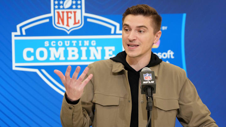 Feb 25, 2025; Indianapolis, IN, USA; Jacksonville Jaguars general manger James Gladstone speaks during the NFL Scouting Combine at the Indiana Convention Center. Mandatory Credit: Kirby Lee-Imagn Images Feb 25, 2025; Indianapolis, IN, USA; Jacksonville Jaguars general manger James Gladstone speaks during the NFL Scouting Combine at the Indiana Convention Center. Mandatory Credit: Kirby Lee-Imagn Images
