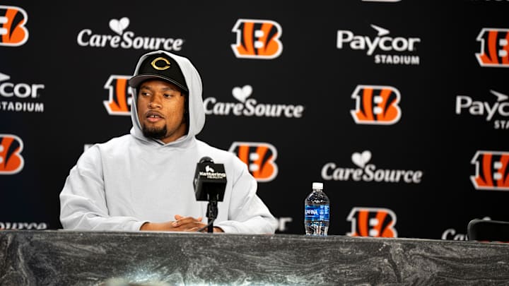 Bengals safety Bryan Cook speaks to the media during a press conference at Paycor Stadium in Cincinnati on Thursday, March 12, 2026.