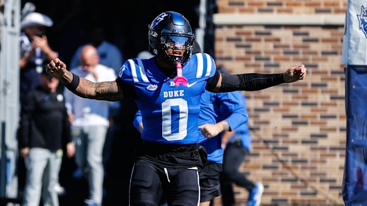 Oct 18, 2025; Durham, North Carolina, USA; Duke Blue Devils defensive back Chandler Rivers (0) runs out before the first half of the game against Georgia Tech Yellow Jackets.