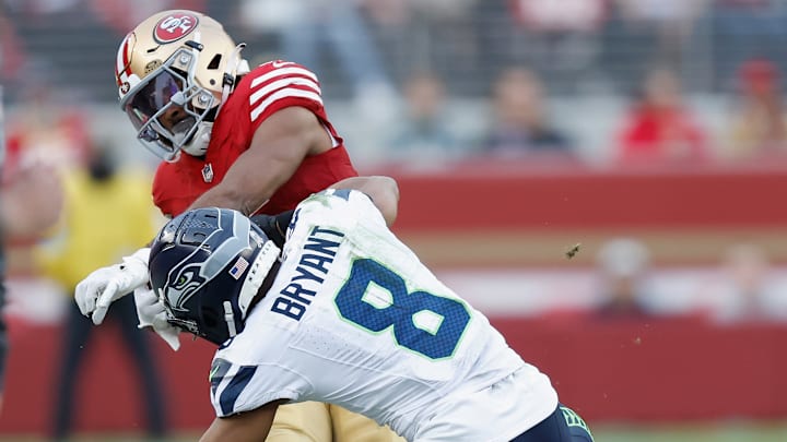 Seattle Seahawks safety Coby Bryant (8) and San Francisco 49ers wide receiver Jauan Jennings (15) Seattle Seahawks safety Coby Bryant (8) and San Francisco 49ers wide receiver Jauan Jennings (15)